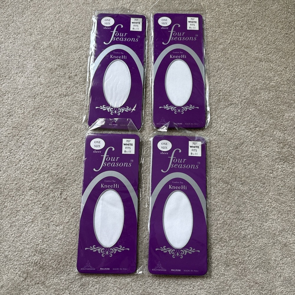 Lot of 4 Four Seasons Sheer KneeHi Comfort Top Stockings, White, Nylon Socks (4)